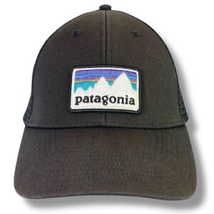 Patagonia Snap Back Mesh Trucker Hat Snowy Mountains Logo Black Brown Fitz Roy